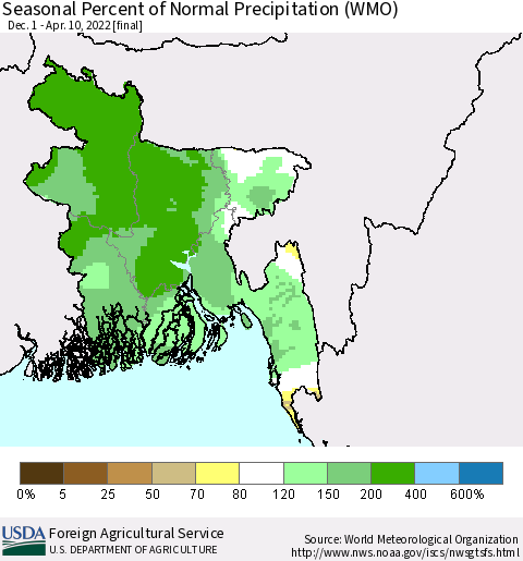Bangladesh Seasonal Percent of Normal Precipitation (WMO) Thematic Map For 12/1/2021 - 4/10/2022