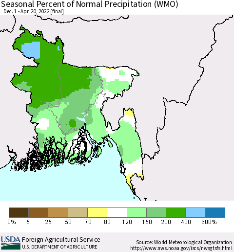Bangladesh Seasonal Percent of Normal Precipitation (WMO) Thematic Map For 12/1/2021 - 4/20/2022