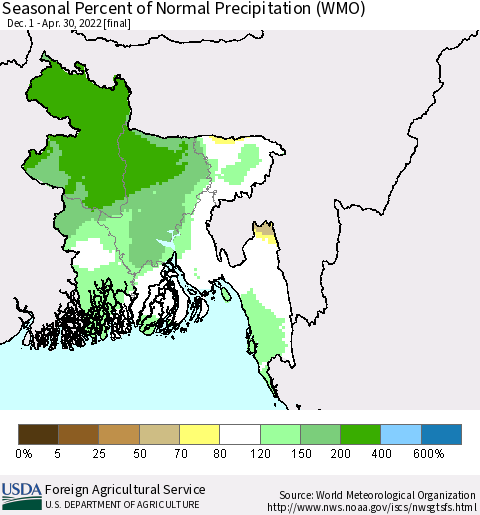 Bangladesh Seasonal Percent of Normal Precipitation (WMO) Thematic Map For 12/1/2021 - 4/30/2022