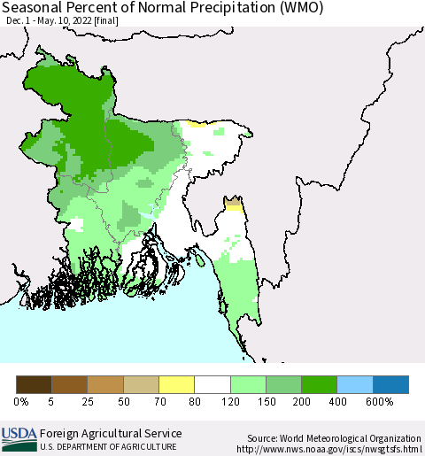 Bangladesh Seasonal Percent of Normal Precipitation (WMO) Thematic Map For 12/1/2021 - 5/10/2022