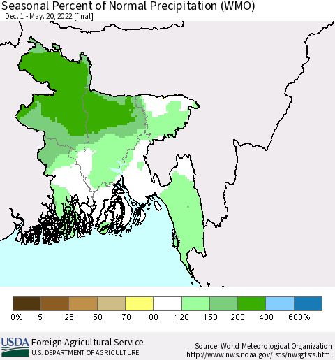 Bangladesh Seasonal Percent of Normal Precipitation (WMO) Thematic Map For 12/1/2021 - 5/20/2022
