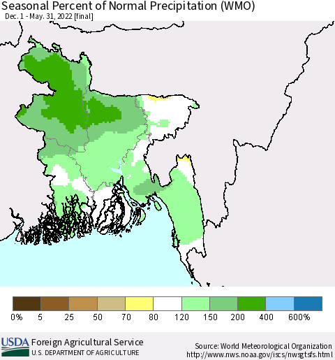 Bangladesh Seasonal Percent of Normal Precipitation (WMO) Thematic Map For 12/1/2021 - 5/31/2022
