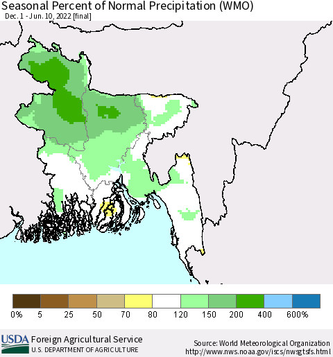 Bangladesh Seasonal Percent of Normal Precipitation (WMO) Thematic Map For 12/1/2021 - 6/10/2022