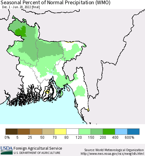 Bangladesh Seasonal Percent of Normal Precipitation (WMO) Thematic Map For 12/1/2021 - 6/20/2022