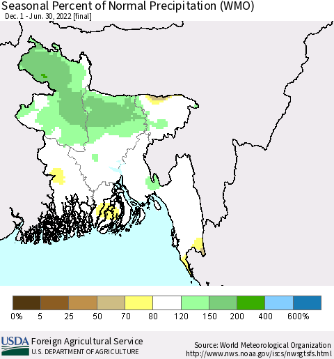Bangladesh Seasonal Percent of Normal Precipitation (WMO) Thematic Map For 12/1/2021 - 6/30/2022