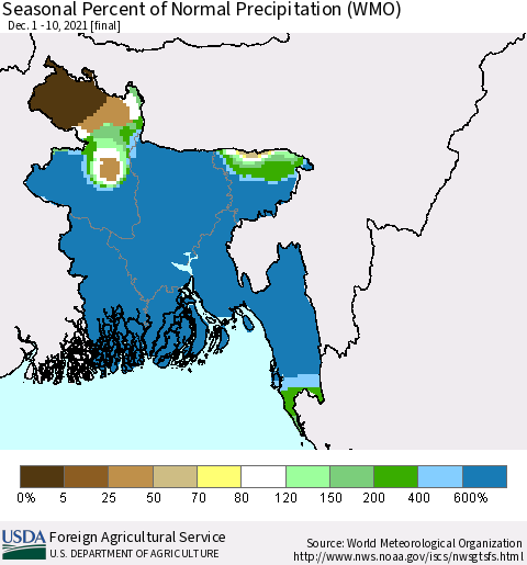Bangladesh Seasonal Percent of Normal Precipitation (WMO) Thematic Map For 12/1/2021 - 12/10/2021
