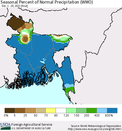 Bangladesh Seasonal Percent of Normal Precipitation (WMO) Thematic Map For 12/1/2021 - 12/20/2021