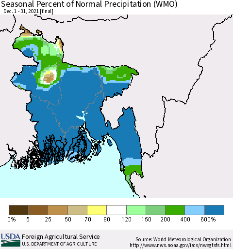 Bangladesh Seasonal Percent of Normal Precipitation (WMO) Thematic Map For 12/1/2021 - 12/31/2021