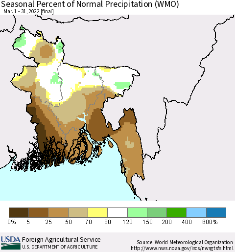 Bangladesh Seasonal Percent of Normal Precipitation (WMO) Thematic Map For 3/1/2022 - 3/31/2022