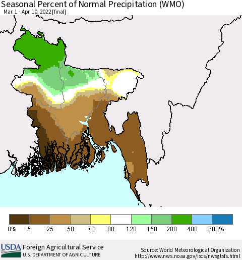 Bangladesh Seasonal Percent of Normal Precipitation (WMO) Thematic Map For 3/1/2022 - 4/10/2022