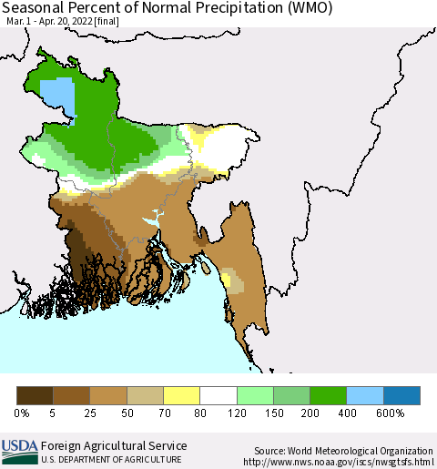 Bangladesh Seasonal Percent of Normal Precipitation (WMO) Thematic Map For 3/1/2022 - 4/20/2022