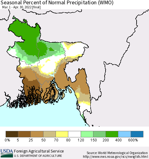 Bangladesh Seasonal Percent of Normal Precipitation (WMO) Thematic Map For 3/1/2022 - 4/30/2022