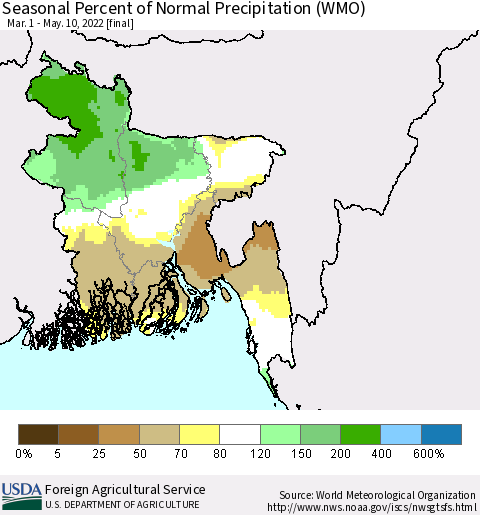 Bangladesh Seasonal Percent of Normal Precipitation (WMO) Thematic Map For 3/1/2022 - 5/10/2022