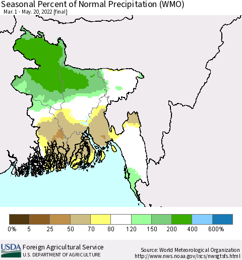 Bangladesh Seasonal Percent of Normal Precipitation (WMO) Thematic Map For 3/1/2022 - 5/20/2022