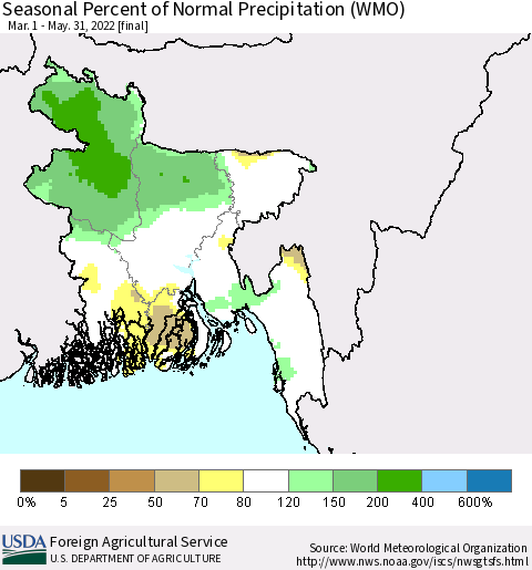 Bangladesh Seasonal Percent of Normal Precipitation (WMO) Thematic Map For 3/1/2022 - 5/31/2022