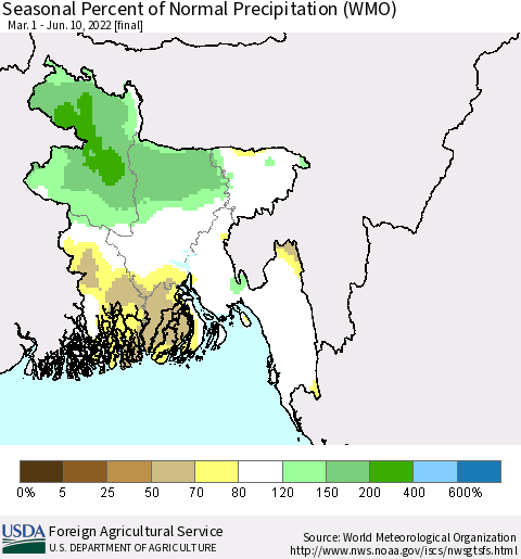 Bangladesh Seasonal Percent of Normal Precipitation (WMO) Thematic Map For 3/1/2022 - 6/10/2022