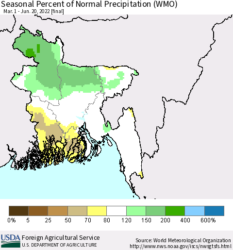Bangladesh Seasonal Percent of Normal Precipitation (WMO) Thematic Map For 3/1/2022 - 6/20/2022