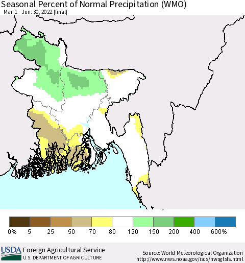 Bangladesh Seasonal Percent of Normal Precipitation (WMO) Thematic Map For 3/1/2022 - 6/30/2022