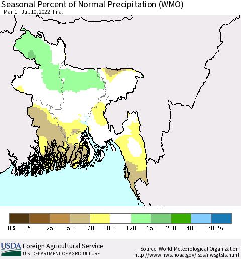 Bangladesh Seasonal Percent of Normal Precipitation (WMO) Thematic Map For 3/1/2022 - 7/10/2022