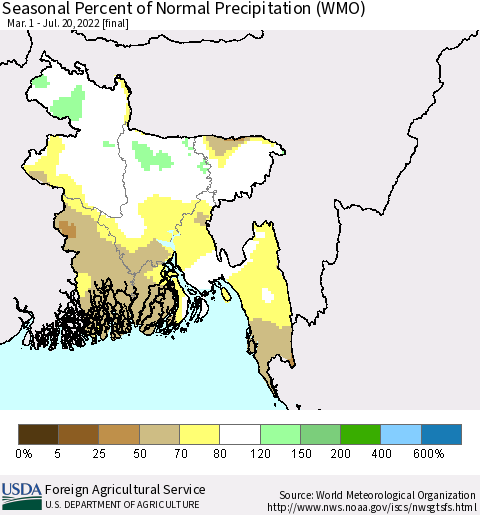 Bangladesh Seasonal Percent of Normal Precipitation (WMO) Thematic Map For 3/1/2022 - 7/20/2022