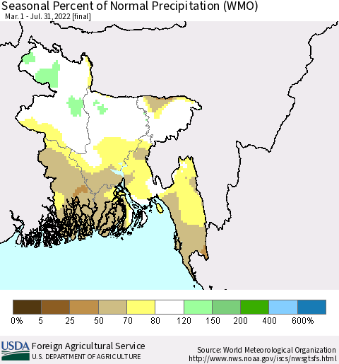 Bangladesh Seasonal Percent of Normal Precipitation (WMO) Thematic Map For 3/1/2022 - 7/31/2022