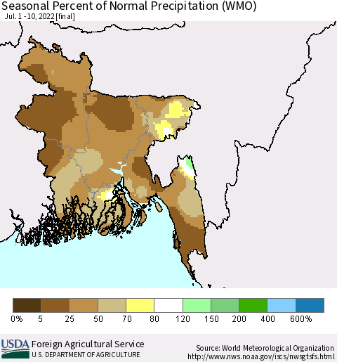 Bangladesh Seasonal Percent of Normal Precipitation (WMO) Thematic Map For 7/1/2022 - 7/10/2022