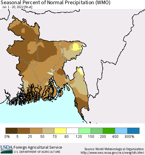 Bangladesh Seasonal Percent of Normal Precipitation (WMO) Thematic Map For 7/1/2022 - 7/20/2022