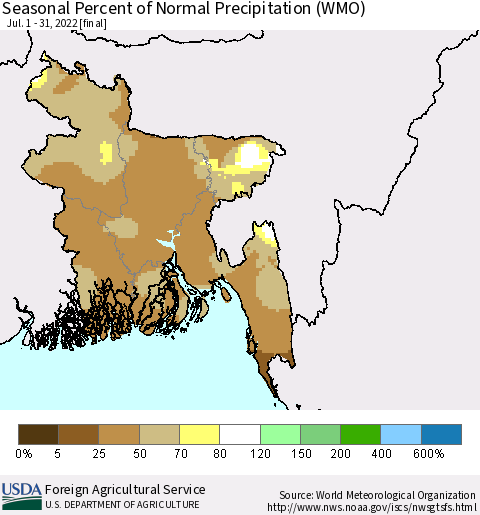 Bangladesh Seasonal Percent of Normal Precipitation (WMO) Thematic Map For 7/1/2022 - 7/31/2022