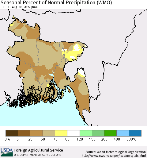 Bangladesh Seasonal Percent of Normal Precipitation (WMO) Thematic Map For 7/1/2022 - 8/10/2022