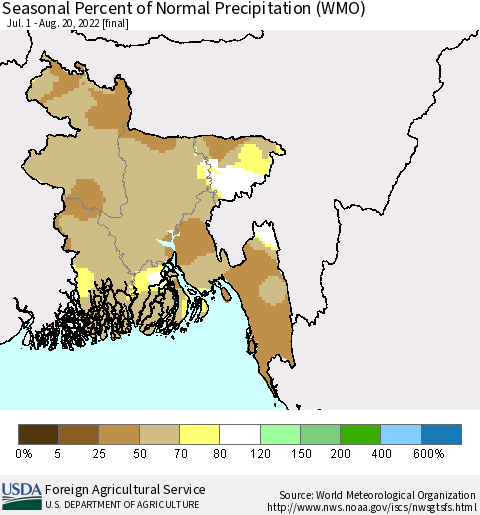 Bangladesh Seasonal Percent of Normal Precipitation (WMO) Thematic Map For 7/1/2022 - 8/20/2022