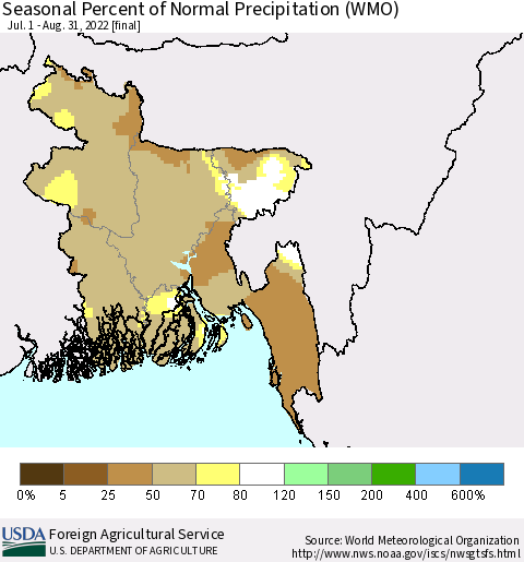Bangladesh Seasonal Percent of Normal Precipitation (WMO) Thematic Map For 7/1/2022 - 8/31/2022