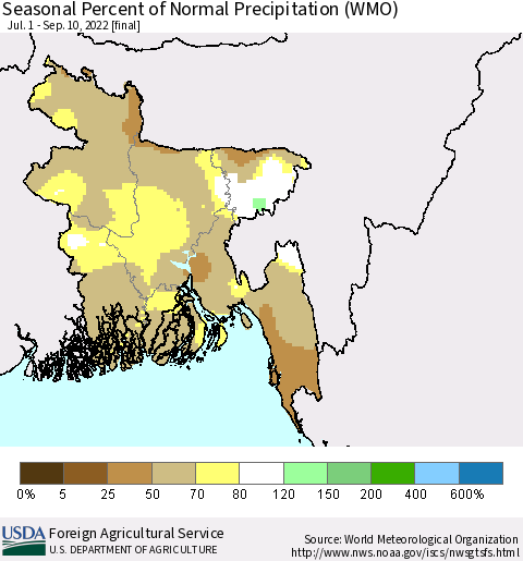 Bangladesh Seasonal Percent of Normal Precipitation (WMO) Thematic Map For 7/1/2022 - 9/10/2022