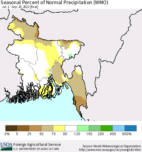 Bangladesh Seasonal Percent of Normal Precipitation (WMO) Thematic Map For 7/1/2022 - 9/20/2022