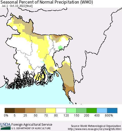 Bangladesh Seasonal Percent of Normal Precipitation (WMO) Thematic Map For 7/1/2022 - 10/10/2022