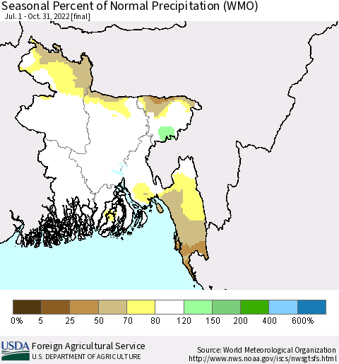 Bangladesh Seasonal Percent of Normal Precipitation (WMO) Thematic Map For 7/1/2022 - 10/31/2022