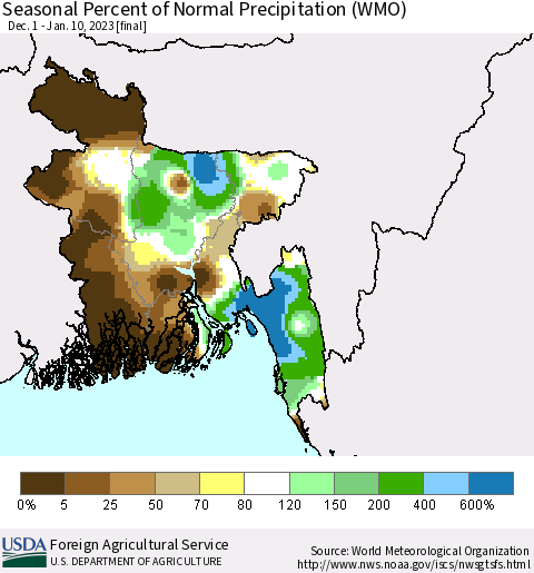 Bangladesh Seasonal Percent of Normal Precipitation (WMO) Thematic Map For 12/1/2022 - 1/10/2023