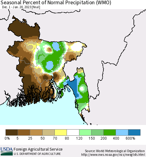 Bangladesh Seasonal Percent of Normal Precipitation (WMO) Thematic Map For 12/1/2022 - 1/20/2023