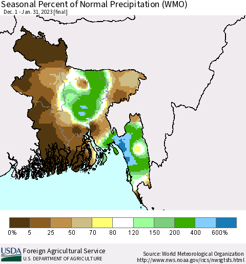 Bangladesh Seasonal Percent of Normal Precipitation (WMO) Thematic Map For 12/1/2022 - 1/31/2023