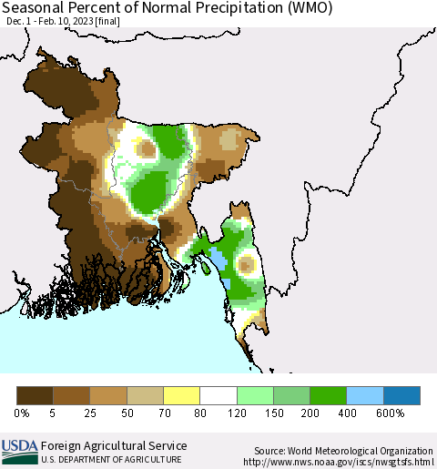 Bangladesh Seasonal Percent of Normal Precipitation (WMO) Thematic Map For 12/1/2022 - 2/10/2023