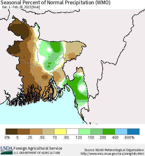 Bangladesh Seasonal Percent of Normal Precipitation (WMO) Thematic Map For 12/1/2022 - 2/28/2023