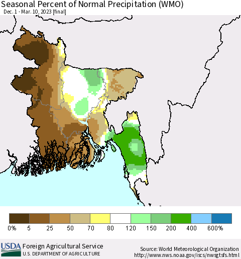 Bangladesh Seasonal Percent of Normal Precipitation (WMO) Thematic Map For 12/1/2022 - 3/10/2023