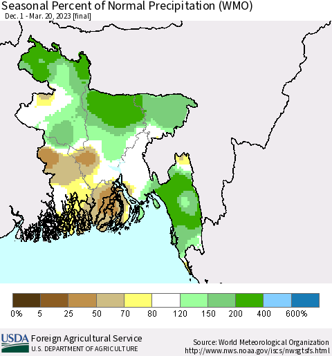 Bangladesh Seasonal Percent of Normal Precipitation (WMO) Thematic Map For 12/1/2022 - 3/20/2023