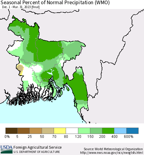 Bangladesh Seasonal Percent of Normal Precipitation (WMO) Thematic Map For 12/1/2022 - 3/31/2023
