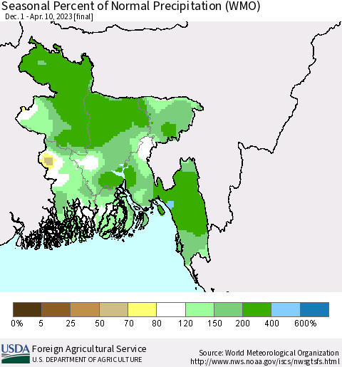 Bangladesh Seasonal Percent of Normal Precipitation (WMO) Thematic Map For 12/1/2022 - 4/10/2023