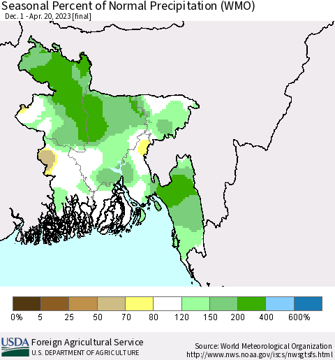 Bangladesh Seasonal Percent of Normal Precipitation (WMO) Thematic Map For 12/1/2022 - 4/20/2023