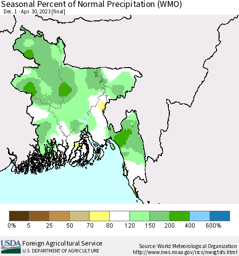 Bangladesh Seasonal Percent of Normal Precipitation (WMO) Thematic Map For 12/1/2022 - 4/30/2023