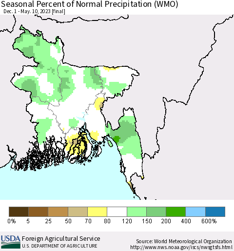 Bangladesh Seasonal Percent of Normal Precipitation (WMO) Thematic Map For 12/1/2022 - 5/10/2023