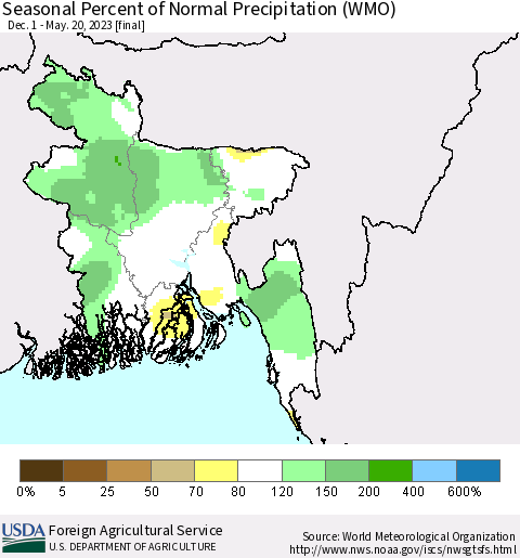 Bangladesh Seasonal Percent of Normal Precipitation (WMO) Thematic Map For 12/1/2022 - 5/20/2023