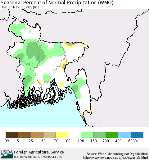 Bangladesh Seasonal Percent of Normal Precipitation (WMO) Thematic Map For 12/1/2022 - 5/31/2023