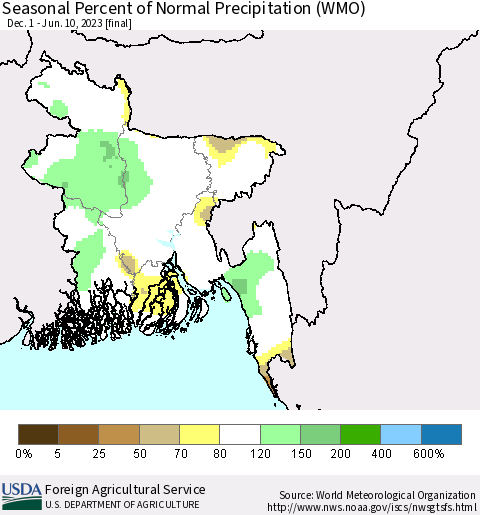 Bangladesh Seasonal Percent of Normal Precipitation (WMO) Thematic Map For 12/1/2022 - 6/10/2023
